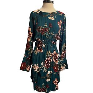 Nordstrom Leith Dress Womens Size M Fairy Floral Green Bell Cuff Long Sleeve